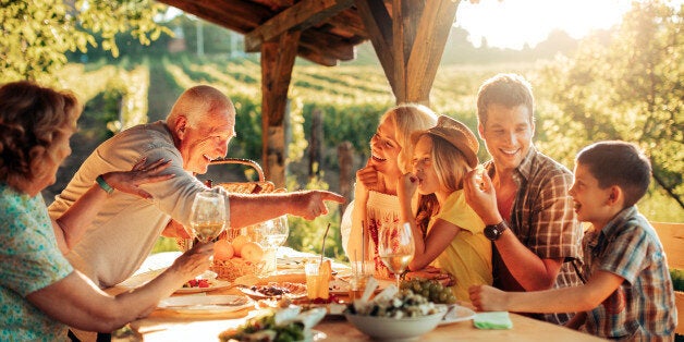 Portait of a big family having a picnic at a vineyard