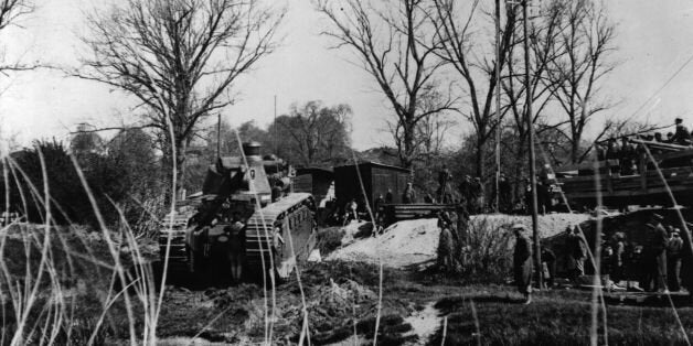 1st February 1940: A French Char 2C heavy tank about to cross a stream in the French War zone. (Photo by Topical Press Agency/Getty Images)