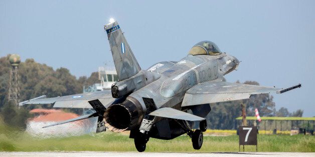 A Hellenic Air Force F-16C Block 52 landing on runway during joint exercise INIOHOS 2016 in Andravida, Greece.