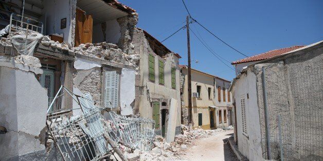 LESBOS, GREECE - JUNE 13 : Wreckages over the street are seen after the 6,2 magnitude earthquake hit Vrisa village of Lesbos in Greece on June 13, 2017. (Photo by Ali Atmaca/Anadolu Agency/Getty Images)