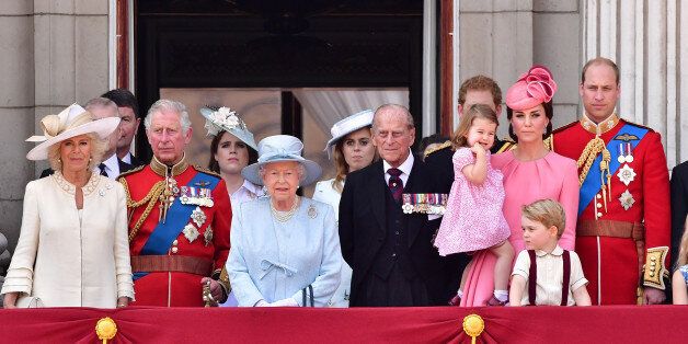 LONDON, ENGLAND - JUNE 17: Camilla, Duchess of Cornwall, Prince Charles, Prince of Wales, Princess Eugenie of York, Queen Elizabeth II, Princess Beatrice of York, Prince Philip, Duke of Edinburgh, Princess Charlotte of Cambridge, Catherine, Duchess of Cambridge, Prince George of Cambridge and Prince William, Duke of Cambridge stand on the balcony of Buckingham Palace during the Trooping the Colour parade on June 17, 2017 in London, England. (Photo by James Devaney/WireImage)
