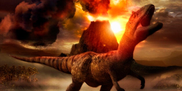 dinosaur in front of erupting volcano