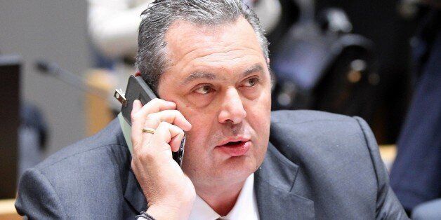 BRUSSELS, BELGIUM - MARCH 06: Greek Defence Minister Panos Kammenos attends the meeting of the EU Foreign Affairs Council at EU Council building in Brussels, Belgium on March 06, 2017. (Photo by Dursun Aydemir/Anadolu Agency/Getty Images)
