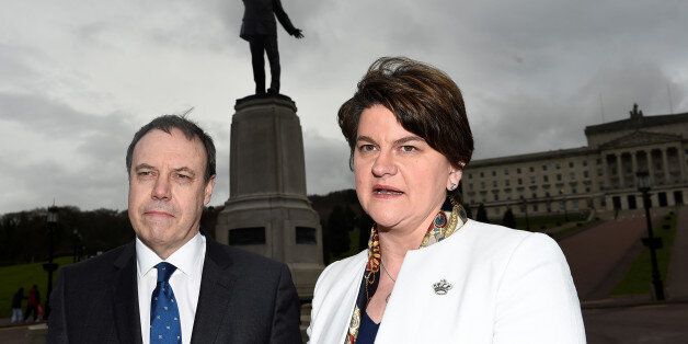 Leader of the Democratic Unionist Party (DUP) Arlene Foster and Deputy leader of the DUP Nigel Dodds speak to media outside Stormont Parliament buildings in Belfast, Northern Ireland March 6, 2017. REUTERS/Clodagh Kilcoyne