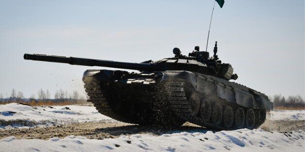 KHABAROVSK TERRITORY, RUSSIA - MARCH 12, 2017: A T-72B tank during an individual tank race in the Russian Eastern Military District qualifying round for the 2017 Tank Biathlon international contest at the Anastasyevsky training ground. Yuri Smityuk/TASS (Photo by Yuri Smityuk\TASS via Getty Images)