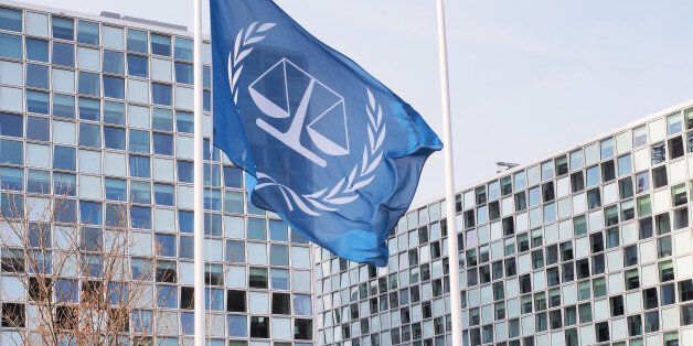The Hague, Netherlands - March 27, 2016: The flag and the International Criminal Court at the new 2015 opened ICC building.