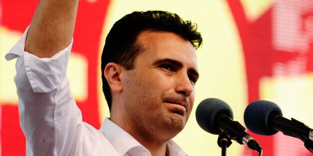 Opposition Social Democrat leader Zoran Zaev delivers a speech during an anti-government demonstration in Skopje, Macedonia, May 17, 2015. Tens of thousands of protesters took to the streets of Macedonia's capital on Sunday, waving Macedonian and Albanian flags in a dramatic display of ethnic unity against a government on the ropes after months of damaging wire-tap revelations. REUTERS/Ognen Teofilovski