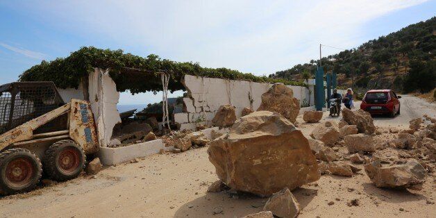 LESBOS, GREECE - JUNE 12: Huge rocks are seen following the 6,2 magnitude earthquake hit Plomari region of Lesbos in Greece on June 12, 2017. (Photo by Manolis Lagoutaris/Anadolu Agency/Getty Images)