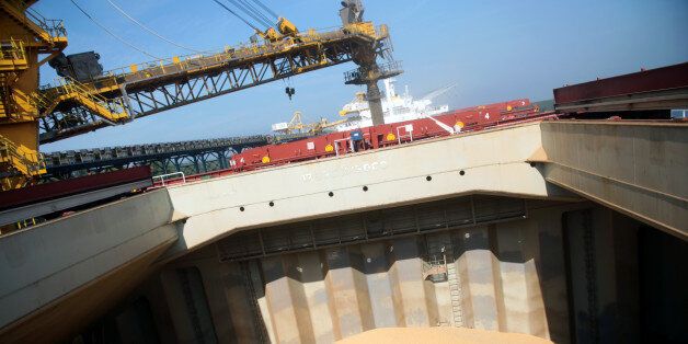 Soybeans sit in the 'Stella Pearl' cargo ship headed to China at the Tiplam terminal in Santos, Brazil, on Thursday, May 25, 2017. Brazil is expected to be the largest shipper of soy this year. In the first four months of 2017, exports rose to 27.7 million tons, 17 percent more than a year earlier,Â according to Anec, an exporters group. Photographer: Patricia Monteiro/Bloomberg via Getty Images