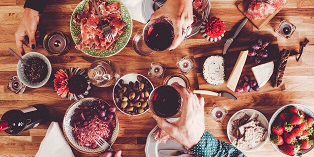 People having dinner overhead table top view