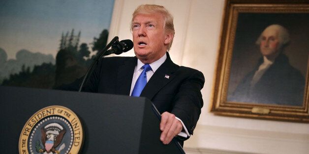 WASHINGTON, DC - JUNE 14: U.S. President Donald Trump delivers brief remarks in the Diplomatic Room following a shooting that injured a member of Congress and law enforcement officers at the White House June 14, 2017 in Washington, DC. Trump announced that the suspected gunman, 66-year-old James T. Hodgkinson of Belleville, Illinois, was killed in the attack. (Photo by Chip Somodevilla/Getty Images)