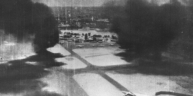 Smoke rises after an attack by Israel's Air Force on an Egyptian air field during the Middle East War, June 5, 1967 in this handout picture released by the Israeli Government Press Office on June 3,2007. Tuesday marks forty years since Israel swept victory in six days in a war with Egypt, Syria and Jordan, capturing the Sinai peninsula, the Golan Heights, the Gaza Strip and the West Bank, including Arab East Jerusalem. BLACK AND WHITE ONLY REUTERS/GPO/Handout (EGYPT) ISRAEL OUT. EDITORIAL USE ONLY. NOT FOR SALE FOR MARKETING OR ADVERTISING CAMPAIGNS.