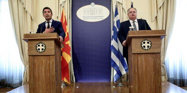 Macedonian Foreign Minister Nikola Dimitrov (L) gives a press conference with his Greek counterpart Nikos Kotzias after their meeting in Athens, on June 14, 2017. / AFP PHOTO / Angelos Tzortzinis (Photo credit should read ANGELOS TZORTZINIS/AFP/Getty Images)