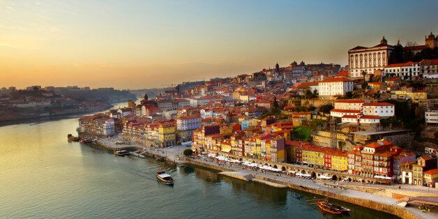 hill with old town of Porto and river Douro at sunset, Portugal