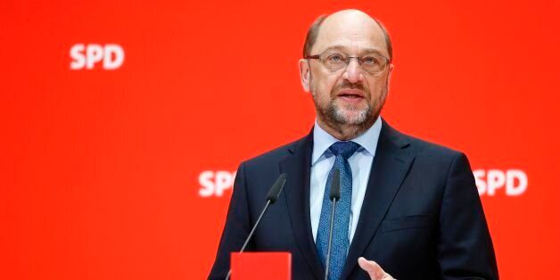 Martin Schulz, leader of Germany's social democratic SPD party and candidate for Chancellor delivers a press statement about the resignation of Mecklenburg-Vorpommern's Minister President Erwin Sellering (SPD) at the headquarters of the SPD in Berlin on May 30, 2017.Mecklenburg-Vorpommern's Minister President Erwin Sellering (SPD) announced on May 30, 2017 at the beginning of the Cabinet meeting in Schwerin that he retires due to cancer. Because of the necessary therapy he is no longer able to w