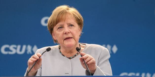 German Chancellor Angela Merkel delivers a speech during a joint campaigning event of the Christian Democratic Union (CDU) and the Christion Social Union (CSU) in Munich, southern Germany, on May 27, 2017. Europe 'must take its fate into its own hands' faced with a western alliance divided by Brexit and Donald Trump's presidency, German Chancellor Angela Merkel said Sunday. / AFP PHOTO / dpa / Matthias Balk / Germany OUT (Photo credit should read MATTHIAS BALK/AFP/Getty Images)