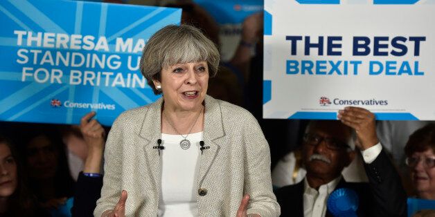 DEWSBURY, UNITED KINGDOM - JUNE 3: Britain's Prime Minister Theresa May speaks at an election campaign event during a visit to West Yorkshire at Thornhill Cricket and Bowling Club on June 3, 2017 in Dewsbury, England. All parties continue to campaign across the country ahead of the general election on June 8. (Photo by Hannah McKay/Pool/Getty Images)