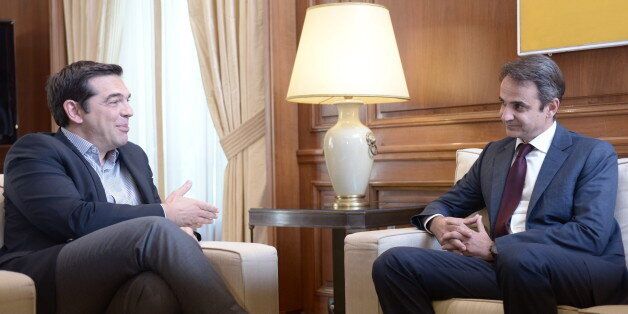 MAXIMOU MANSION, ATHENS, ATTIKI, GREECE - 2016/06/23: Greek Prime Minister Mr. Alexis Tsipras (left) and President of New Democracy Party and leader of Greek opposition in the parliament, Mr. Kyriakos Mitsotakis (right) during their meeting. (Photo by Dimitrios Karvountzis/Pacific Press/LightRocket via Getty Images)