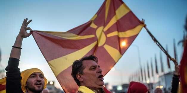 People protest in Skopje on March 3, 2017, against a deal between the Social democrats and the Albanian Democratic Union for Integration for a law which would make Albanian the second official language, as part of new government talks. / AFP PHOTO / Robert ATANASOVSKI (Photo credit should read ROBERT ATANASOVSKI/AFP/Getty Images)