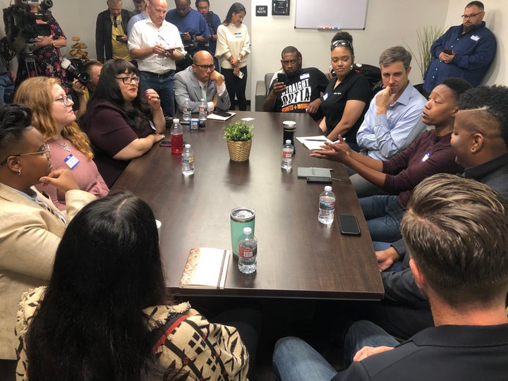 Beto O'Rourke (fourth from right) listens at the roundtable discussion he held Thursday in Oakland, California on issues surrounding his plan to legalize marijuana nationwide.