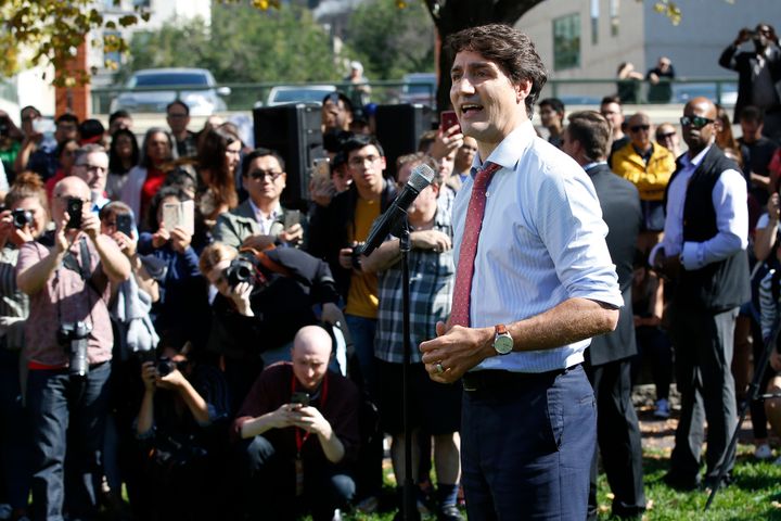 Prime Minister Justin Trudeau addresses the media regarding photos and video that have surfaced in which he is wearing dark makeup on Sept. 19, 2019 in Winnipeg.