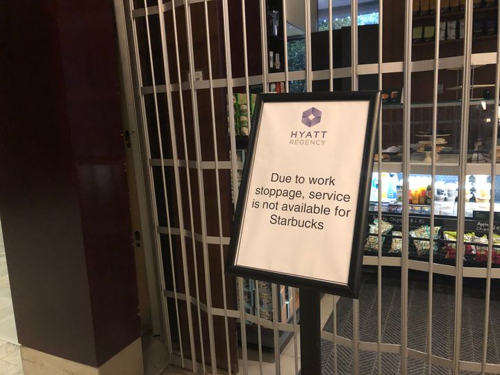 A sign outside of the Starbucks in the lobby of the Hyatt Regency hotel in Vancouver.
