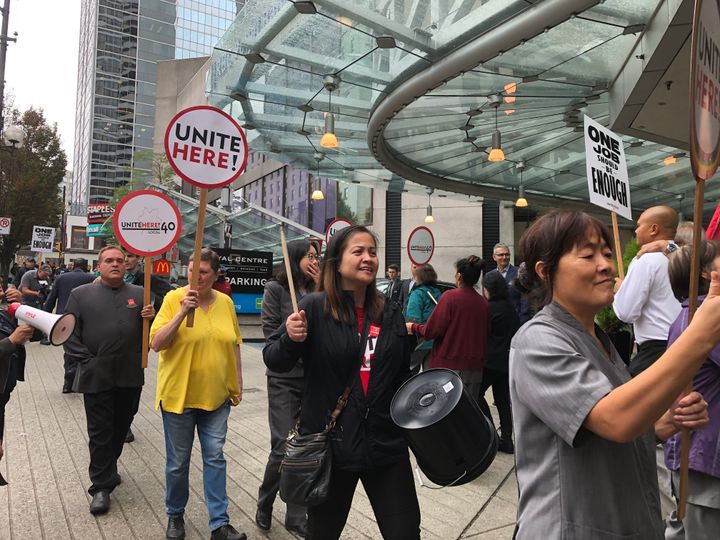 Workers from the Hyatt Regency Vancouver participate in a picket action on Friday, Sept. 13.