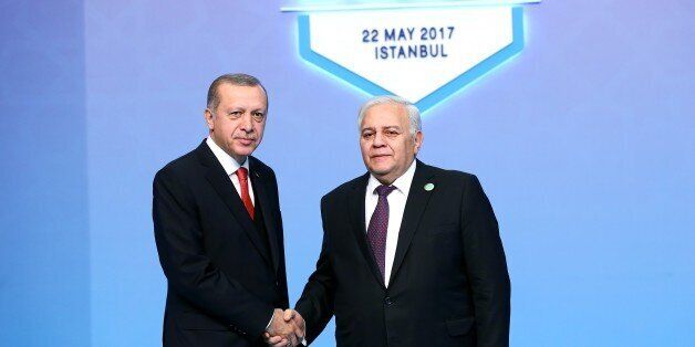 ISTANBUL, TURKEY - MAY 22: President of Turkey Recep Tayyip Erdogan (L) shakes hands with Speaker of the National Assembly of Azerbaijan Oktay Asadov (R) during the 25th Anniversary Summit of the Organization of the Black Sea Economic Cooperation in Istanbul, Turkey on May 22, 2017. The meeting discuss economic cooperation and institutional reforms, plus a declaration for the 25th anniversary will be adopted (Photo by Kayhan Ozer/Anadolu Agency/Getty Images)