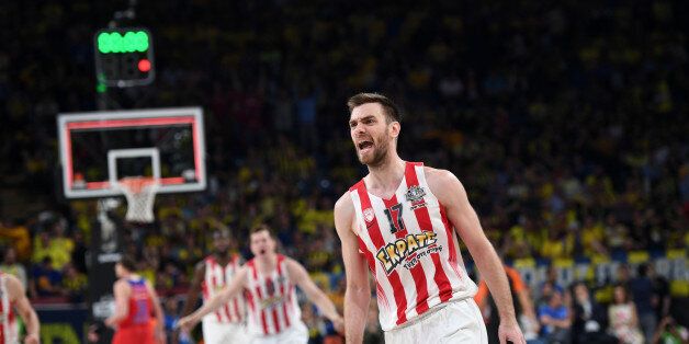 Olympiacos Piraeus' Vangelis Mantrazis reacts during the Euroleague Final Four semi-final basketball match between Olympiacos Piraeus vs CSKA Moscow at Sinan Erdem sport arena on May 19, 2017 in Istanbul. / AFP PHOTO / BULENT KILIC (Photo credit should read BULENT KILIC/AFP/Getty Images)