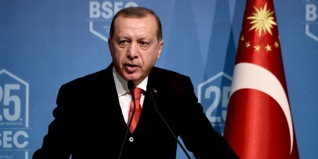 Turkish President Recep Tayyip Erdogan speaks during a summit of the Organisation of Black Sea Economic Cooperation (BSEC) in honor of its 25th anniversary on May 22, 2017 in Istanbul. / AFP PHOTO / OZAN KOSE (Photo credit should read OZAN KOSE/AFP/Getty Images)