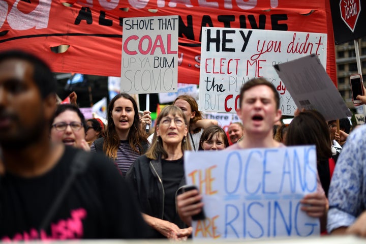 Students and employees tell Australian PM Scott Morrison to "shove that coal" at the Sydney rally on Friday.