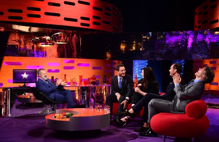 (L-R) Host Graham Norton, Chris Pratt, Melissa McCarthy, Jude Law and John Bishop during filming of the Graham Norton Show