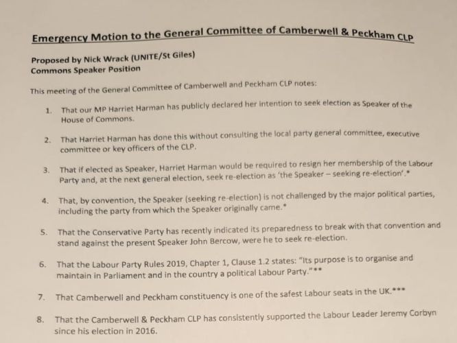Harriet Harman motion passed by her local party