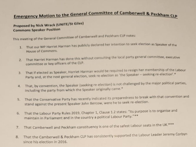 Harriet Harman motion passed by her local party