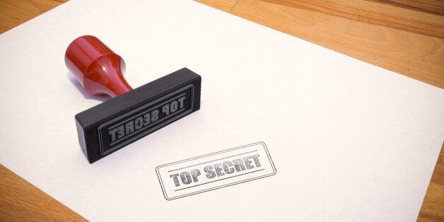 A rubber stamp with the the word TOP SECRET on it + a stamp on some paper.