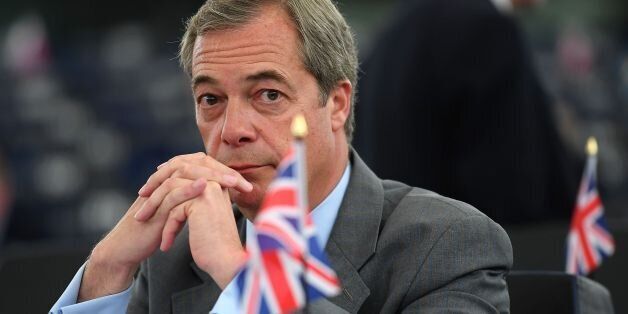 Former leader of the UK Independence Party (UKIP) Nigel Farage looks on prior to a debate on the conclusions of the last European Council, at the European Parliament in Strasbourg, eastern France, on May 17, 2017. / AFP PHOTO / PATRICK HERTZOG (Photo credit should read PATRICK HERTZOG/AFP/Getty Images)