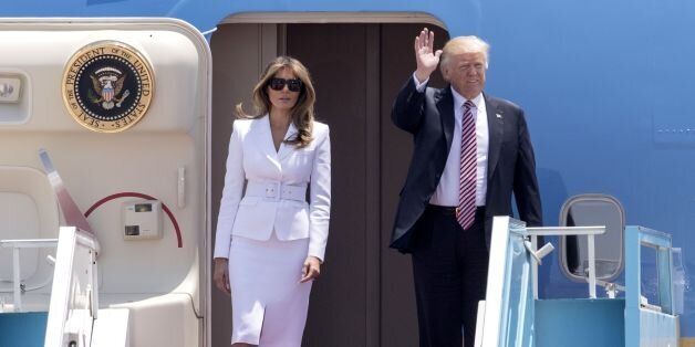 US President Donald Trump and First Lady Melania Trump disembark Air Force One upon their arrival at Ben Gurion International Airport in Tel Aviv on May 22, 2017, as part of his first trip overseas. / AFP PHOTO / JACK GUEZ (Photo credit should read JACK GUEZ/AFP/Getty Images)