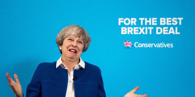 WOLVERHAMPTON, ENGLAND - MAY 30: Prime Minister Theresa May speaks at a campaign rally at The Grand Station on May 30, 2017 in Wolverhampton, England. Britain goes to the polls on June 8 to elect a new parliament in a general election. (Photo by Christopher Furlong/Getty Images)