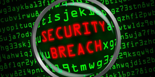 Red word 'SECURITY BREACH' revealed revealed in green computer machine code through a magnifying glass.