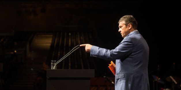 German Vice Chancellor and Foreign Minister Sigmar Gabriel delivers a speech during the Protestant church day (Kirchentag) event at the City Cube in Berlin on May 26, 2017.The Kirchentag (Church Day) festival, celebrates this year the 500th anniversary of the Reformation and takes place from May 24th to 28th in Berlin and Wittenberg. / AFP PHOTO / dpa / Lino Mirgeler / Germany OUT (Photo credit should read LINO MIRGELER/AFP/Getty Images)
