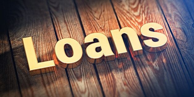 The word 'Loans' is lined with gold letters on wooden planks. 3D illustration image