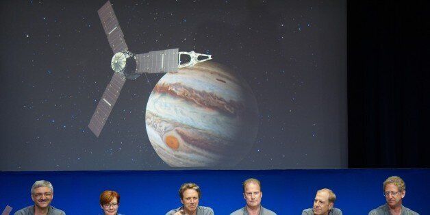 PASADENA, UNITED STATES - JULY 04: (From L to R) Goeff Yoder, Diane Brown, Juno Principal Investigator Scott Bolton, Juno Project Manager Rick Nybakken, Lockheed Martin director of space exploration Guy Beutelschies and Juno Project scientist Steve Levin hold a press briefing following the solar-powered Juno spacecraft entered orbit around Jupiter on Monday, July 4, 2016 at NASA's Jet Propulsion Laboratory in Pasadena, CA, USA. NASAs Juno spacecraft is securely in orbit around Jupiter after spending almost five years traveling through space, the space agency announced late Monday. (Photo by Mintaha Neslihan Eroglu/Anadolu Agency/Getty Images)