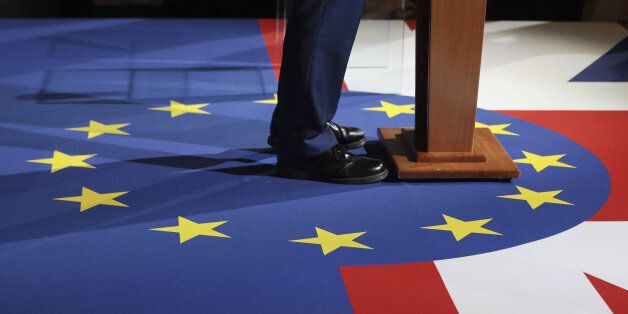 The European Union flag is displayed on stage during the launch of the Liberal Democrats' manifesto in London, U.K., on Wednesday, May 17, 2017. A chance to reverse Brexit is the central election pledge of the Liberal Democrats, whose manifesto is aimed squarely at Remainers and young people who regret Britain's choice to back out of the European Union. Photographer: Simon Dawson/Bloomberg via Getty Images