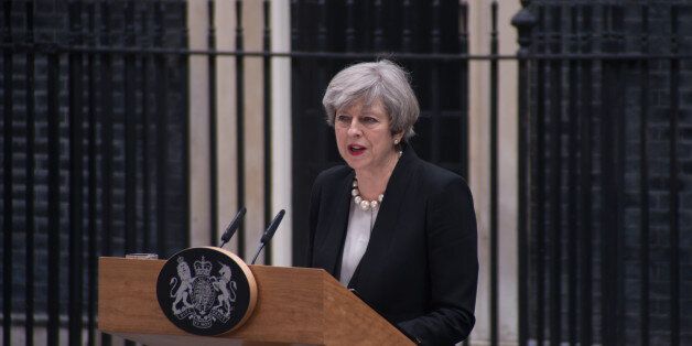 The Prime Minister, Theresa May, is pictured while speaks to the media at Downing Street, following the Manchester terror attack, London on May 23, 2017. An explosion during a concert of Ariana Grande, at Manchester Arena killes 22 people and injured 59. Greater Manchester Police are treating the incident as a terror attack and say that the attacker died in the explosion. (Photo by Alberto Pezzali/NurPhoto via Getty Images)