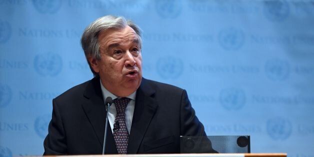 United Nations Secretary-General Antonio Guterres speaks on climate change at the New York University Stern School of Business, in New York on May 30, 2017. Guterres said that it was 'absolutely essential' that the Paris climate agreement be implemented, as the United States weighed pulling out of the emissions-cutting deal.In his first major address on climate, Guterres said the world must fulfill the commitments of the 2015 agreement 'with increased ambition.' / AFP PHOTO / Jewel SAMAD (Photo credit should read JEWEL SAMAD/AFP/Getty Images)