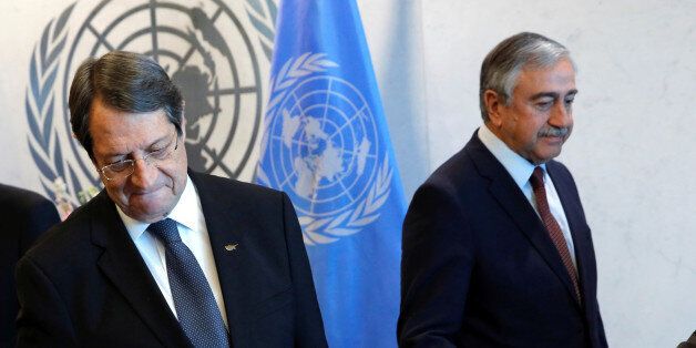 Cyprus' President Nicos Anastasiades and Turkish Cypriot leader Mustafa Akinci attend a meeting with United Nations Secretary-General Ban Ki-moon at the United Nations in Manhattan, New York, U.S., September 25, 2016. REUTERS/Andrew Kelly