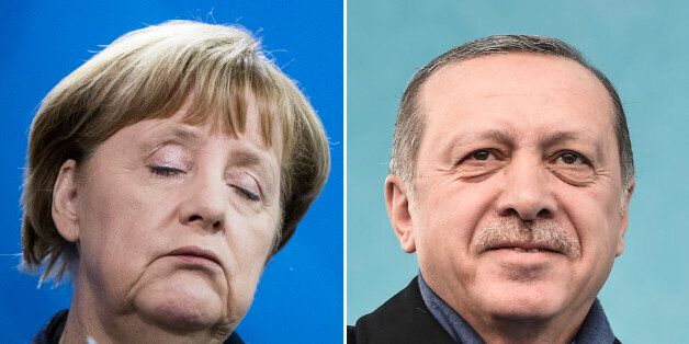 (COMBO) This combination of file pictures created on March 14, 2017 shows German Chancellor Angela Merkel (February 23, 2017 in Berlin) and Turkish President Recep Tayyip Erdogan (March 11, 2017 in Istanbul).German Chancellor Angela Merkel regards accusations by Turkish President Recep Tayyip Erdogan that she supports 'terrorists' as 'clearly absurd', her spokesman Steffen Seibert said late Monday, March 13, 2017. / AFP PHOTO / Odd ANDERSEN AND Ozan KOSE (Photo credit should read ODD ANDE