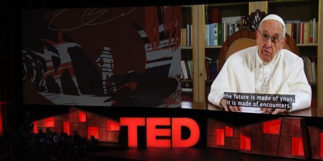 Pope Francis speaks during the TED Conference, urging people to connect with and understand others, during a video presentation at the annual scientific, cultural and academic event in Vancouver, Canada, April 25, 2017. / AFP PHOTO / Glenn CHAPMAN (Photo credit should read GLENN CHAPMAN/AFP/Getty Images)