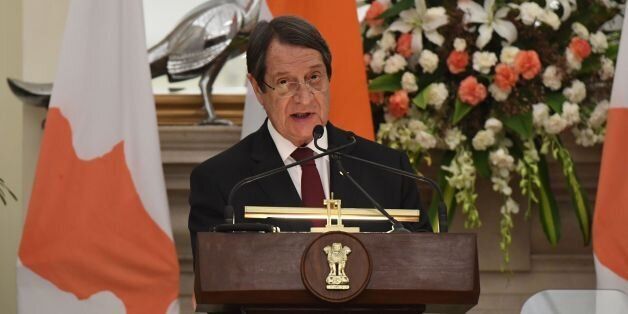 Cyprus' President Nicos Anastasiades holds a joint press conference and exchange of agreements after a delegation level meeting with Indian Prime Minister Narendra Modi in New Delhi on April 28, 2017.President Anastasiades is on a state visit to India from April 25-29. / AFP PHOTO / PRAKASH SINGH (Photo credit should read PRAKASH SINGH/AFP/Getty Images)