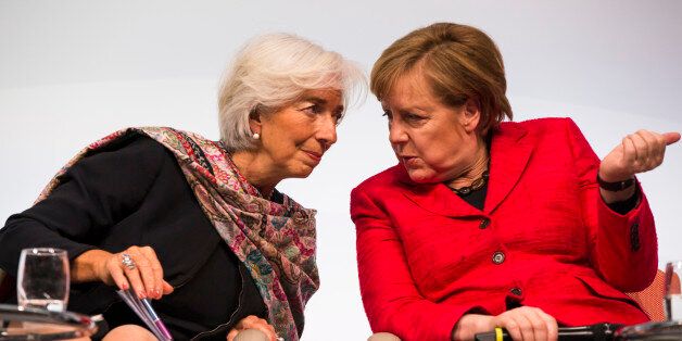 Managing Director of the International Monetary Fund (IMF) Christine Lagarde (L) and German Chancellor Angela Merkel (R)are pictured during the Woman 20 Summit in Berlin, Germany on April 25, 2017. The event, which is connected to the G20 under the German leadership is dedicated to Women's Economic Empowerment and Entrepreneurship. (Photo by Emmanuele Contini/NurPhoto via Getty Images)